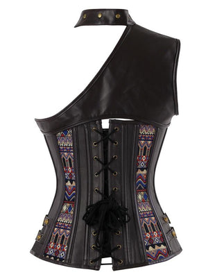 Steampunk Gothic Jacquard One-Shoulder Leather Corset with Shrug
