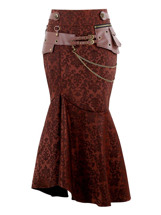 Steampunk Gothic Plus Size Jacquard High Waisted Fishtail Pencil Skirt with Pouch