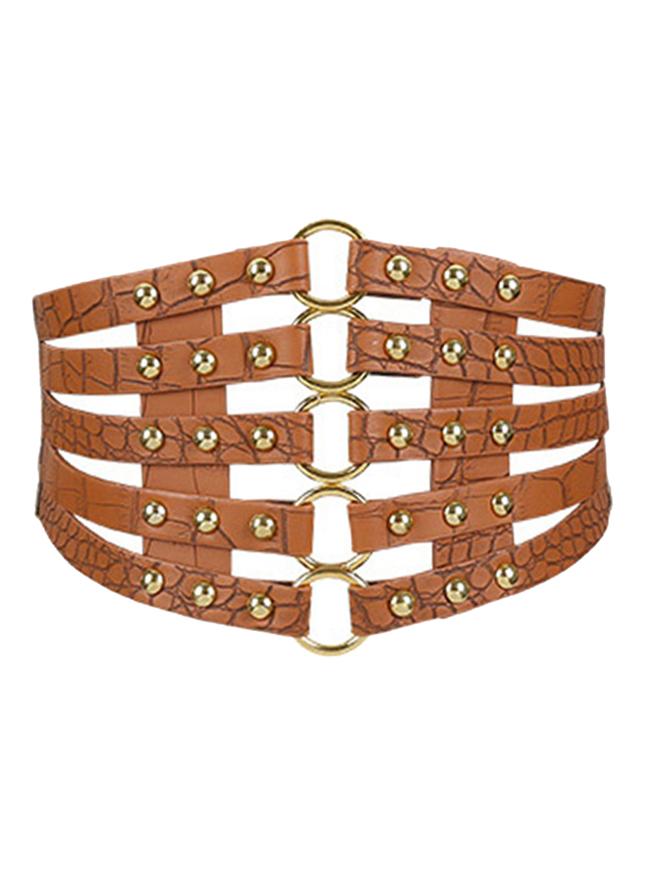 Women's Fashion Faux Leather Steampunk Rivet Elastic Waist Brown Belt