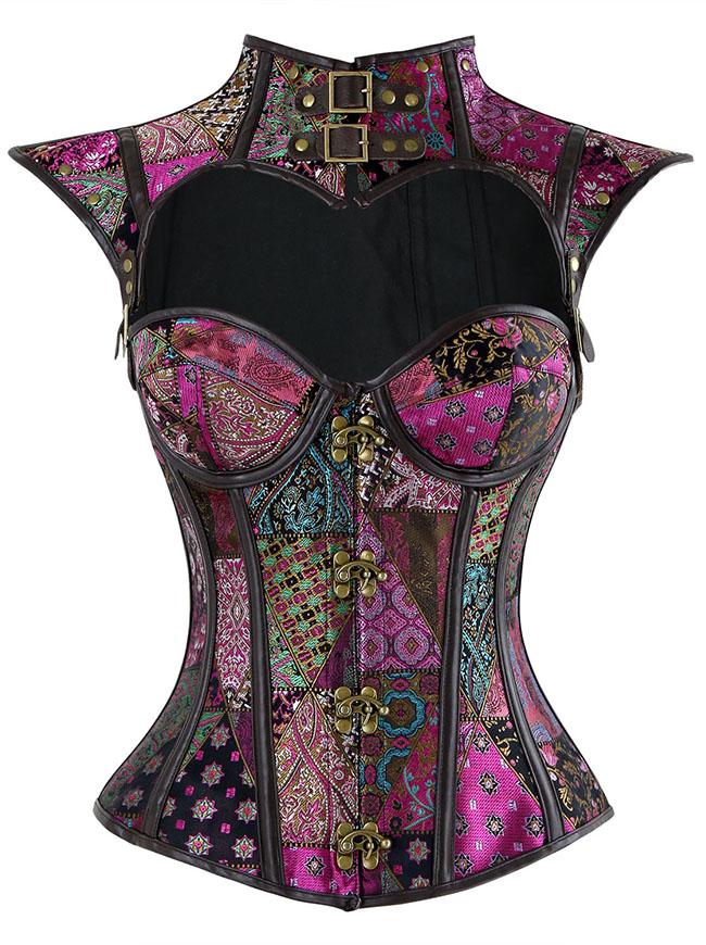 Steampunk Victorian Retro Leather Jacquard Overbust Corset with Shrug