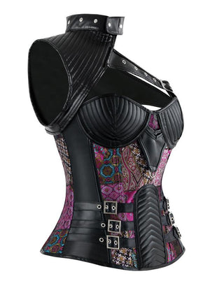 Women's Gothic Punk Steel Boned Leather Overbust Corset with Shrug