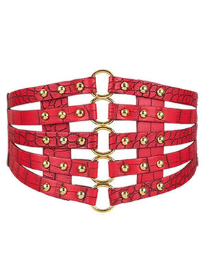 Women's Fashion Faux Leather Steampunk Rivet Elastic Wide Red Waist Belt