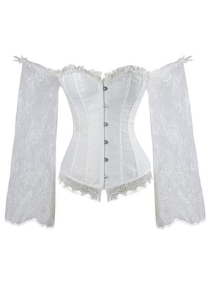Gothic Vintage White Overbust Corset with Long Lace Floral Sleeves