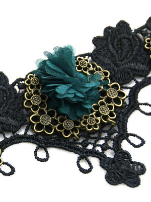 Handmade Gothic  Royal Court Vampire Choker Dark-Green Flower Black Lace Necklace