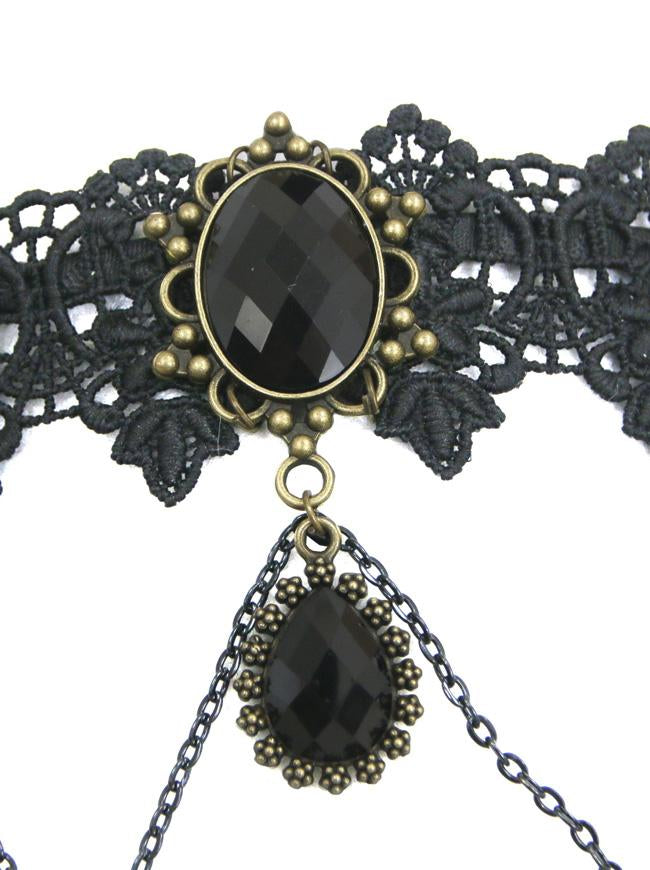 Handmade Black Vintage Lace Dark Gems Metal Chain Hair Clasp Hair Hoop With Chains