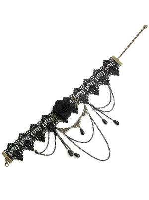 Handmade Gothic Vintage Party Tassel Black Rose Deluxe Necklace with Chains