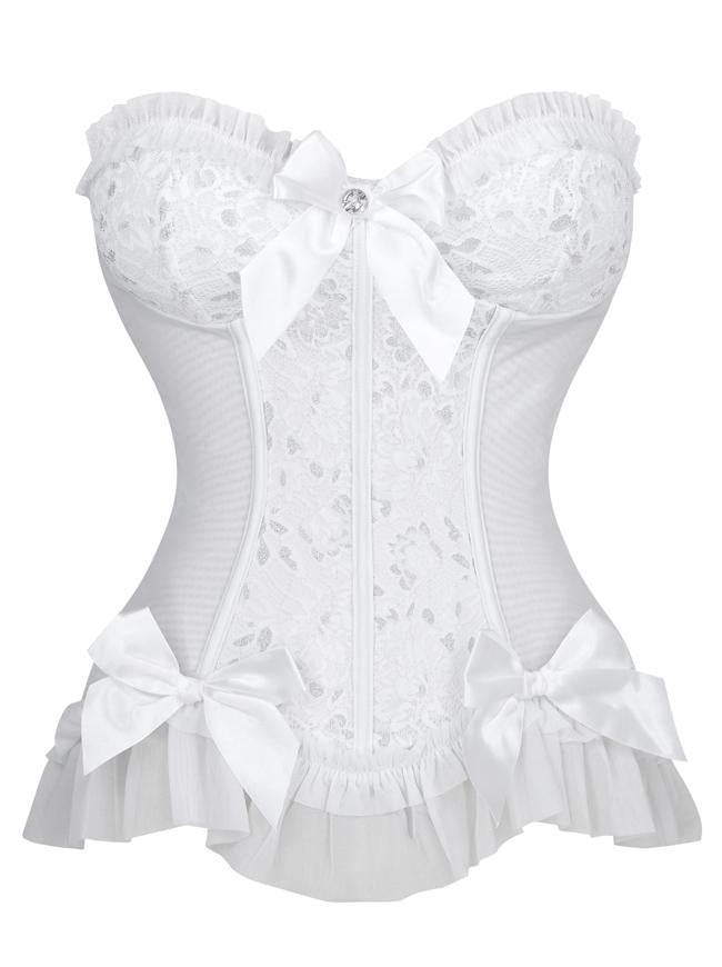 Strapless Bride Bow Knot Ruffle Lace Overbust Corset Bustier