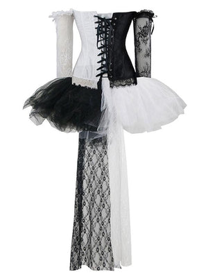 Fashion Black/White Lace Overbust Off-Shoulder Corset High-low Skirt Set
