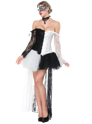 Fashion Black/White Lace Overbust Off-Shoulder Corset High-low Skirt Set