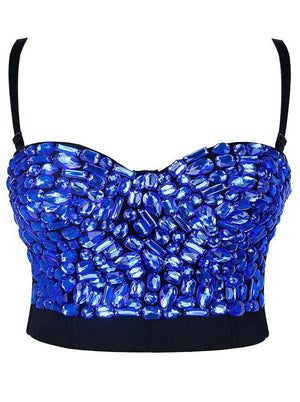 Sweets Blue Studded Rhinestone Push Up B Cup Bustier Bra Party Bustier Crop Top