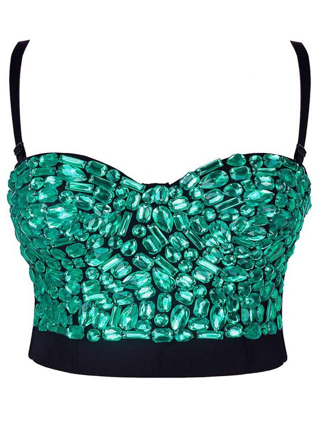 Sweets Green Studded Rhinestone Push Up B Cup Bustier Bra Party Bustier Crop Top