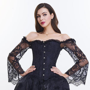 Victorian Gothic Floral Lace Overbust Corset with High Low Skirt Sets