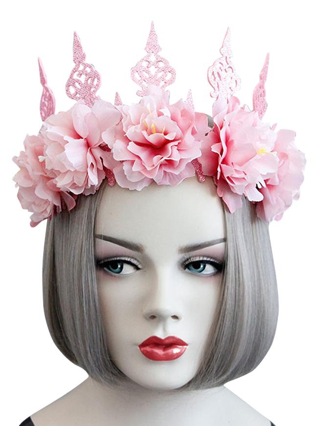 Gothic Victorian Elegant Artificial Flower Crown Headband Wedding Head-wear Jewelry Accessory Pink