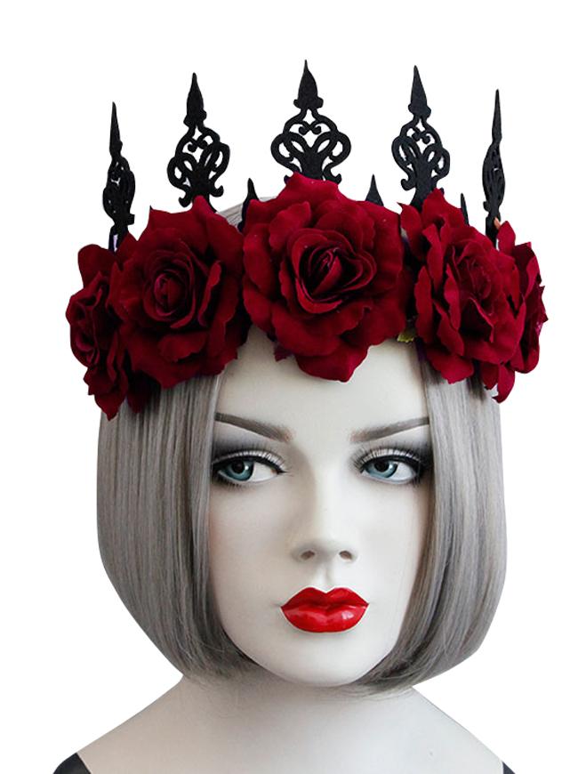Gothic Victorian Elegant Artificial Flower Crown Headband Wedding Jewelry Accessory Black Red