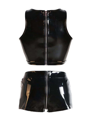 Women's Gothic Punk Clubwear Black Faux Leather Tank Top Crop Top and Short Pants Set