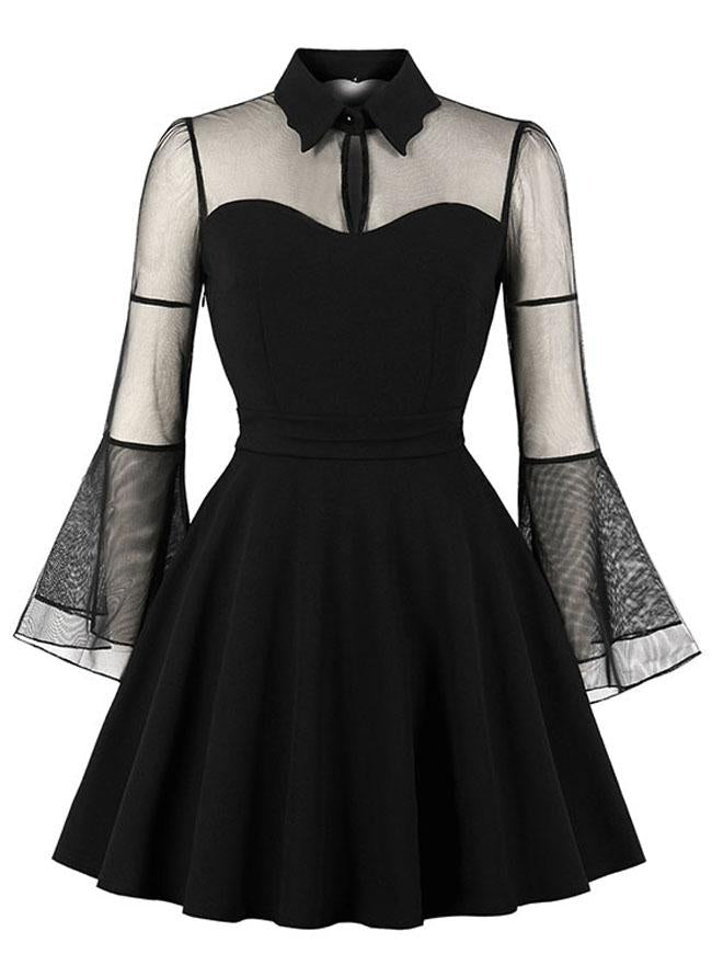 Gothic Black See-through Flare Sleeves Halloween Vampire Dress For Women