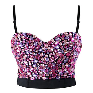 Sweets Pink Studded Rhinestone Push Up B Cup Bustier Bra Party Bustier Crop Top
