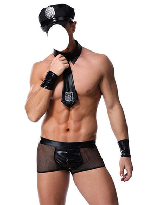 4pcs Men Sexy Policeman Cosplay PVC Leather Mesh Thong Clubwear Clothing