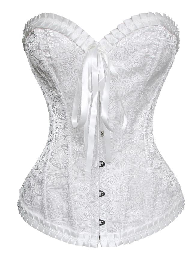 Women's Luxurious and Elegant Brocade Embroidered White Overbust Corset
