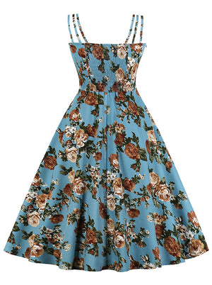 Floral Print Spaghetti Straps High Waist Holiday Party Swing Dress