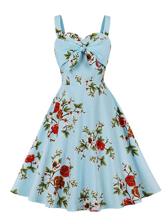 Retro Straps Sweetheart Bowknot Dress Floral Print High Waist A-line Dress