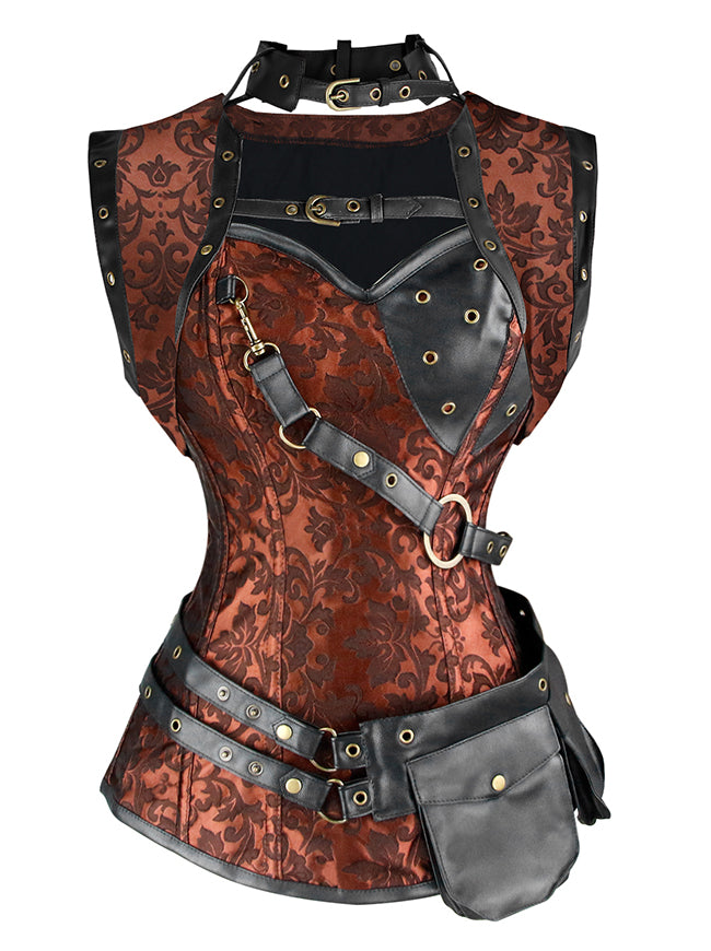 Charmian Women Steampunk Steel Boned Jacquard Overbust Corset Top With Jacket