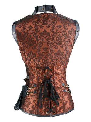 Charmian Women Steampunk Steel Boned Jacquard Overbust Corset Top With Jacket