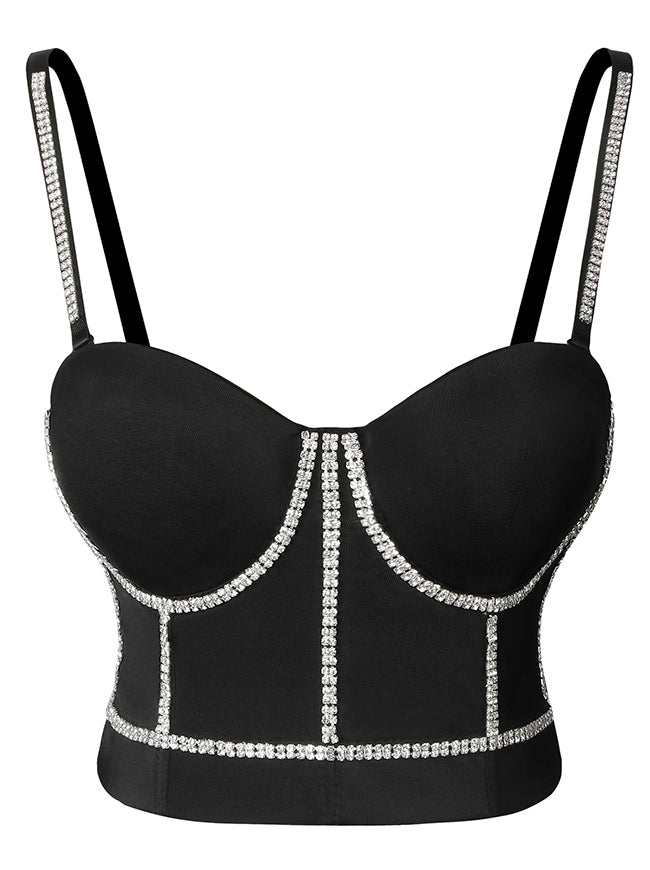 Black Bustier Bra Women's Steampunk Diamond Beaded Clubwear Corset Crop Top
