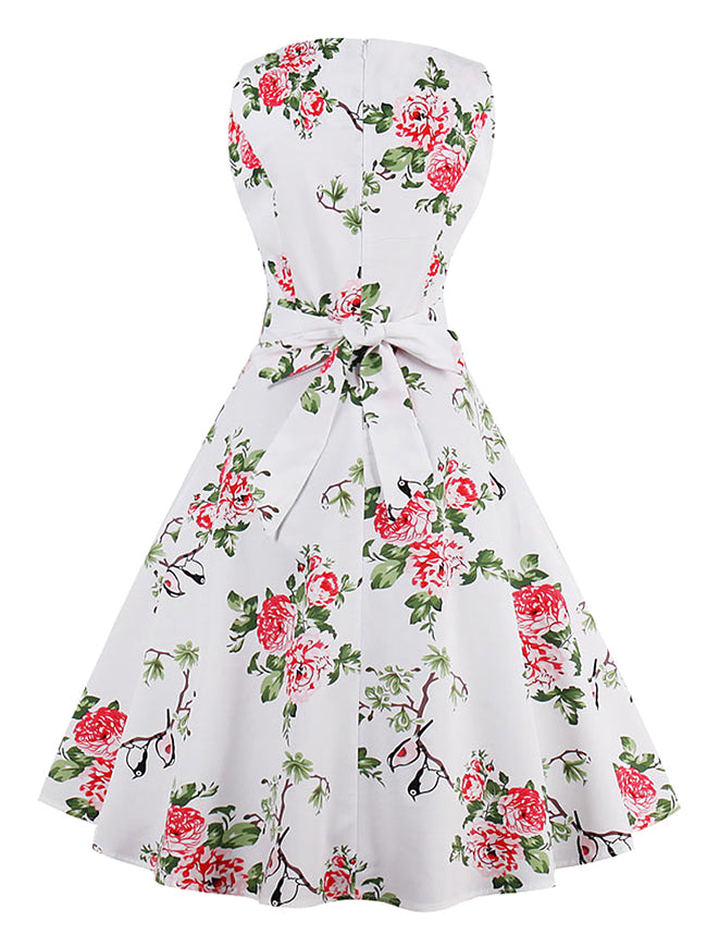 50s Vintage Floral Print Sleeveless Midi Swing Dress