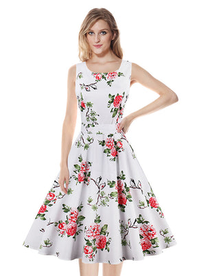 50s Vintage Floral Print Sleeveless Midi Swing Dress