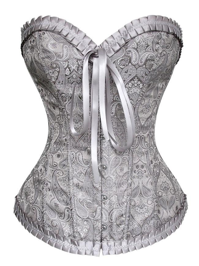Vintage Floral Jacquard Grey Ruffle Overbust Corset Top for Women