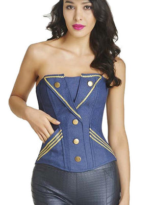 Women's Retro Navy Style Denim Strapless Overbust Corset with Pockets