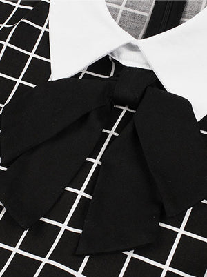 Retro Lapel Tie Half Sleeve Plaid Print A-line Swing Dress