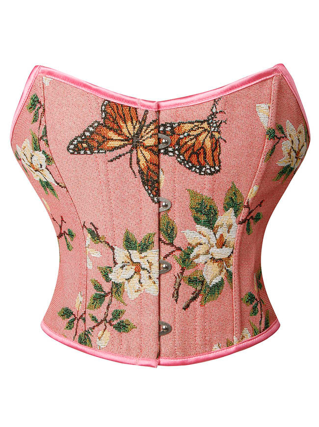 Women's Renaissance Vintage Floral Printed Short Overbust Corset Crop Top Pink
