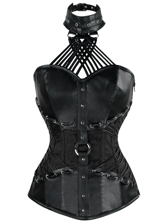 Steampunk Gothic Halter Faux Leather Steel Boned Black Overbust Corset