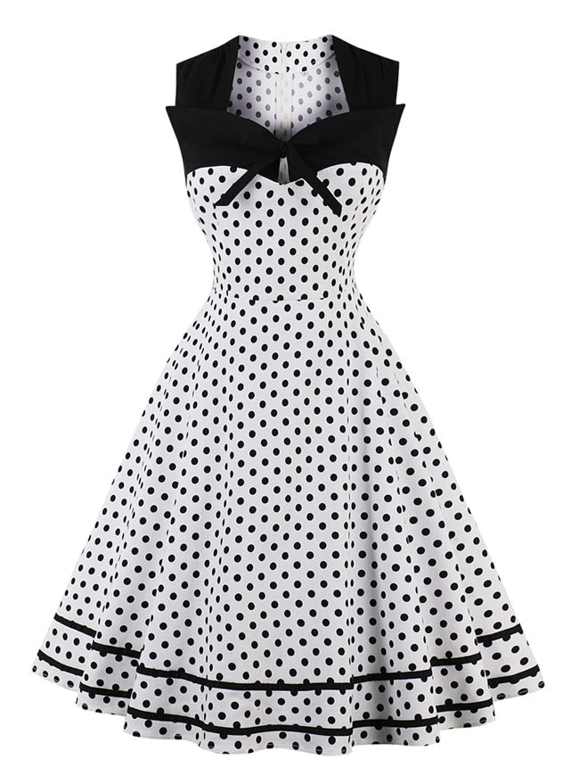 Vintage Sleeveless Square Neckline Polka Dot White Dress