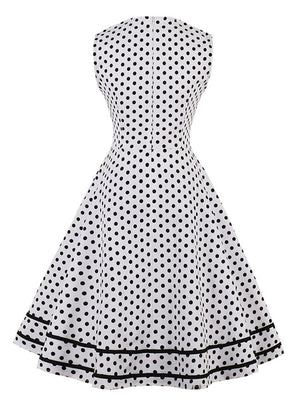 Vintage Sleeveless Square Neckline Polka Dot White Dress