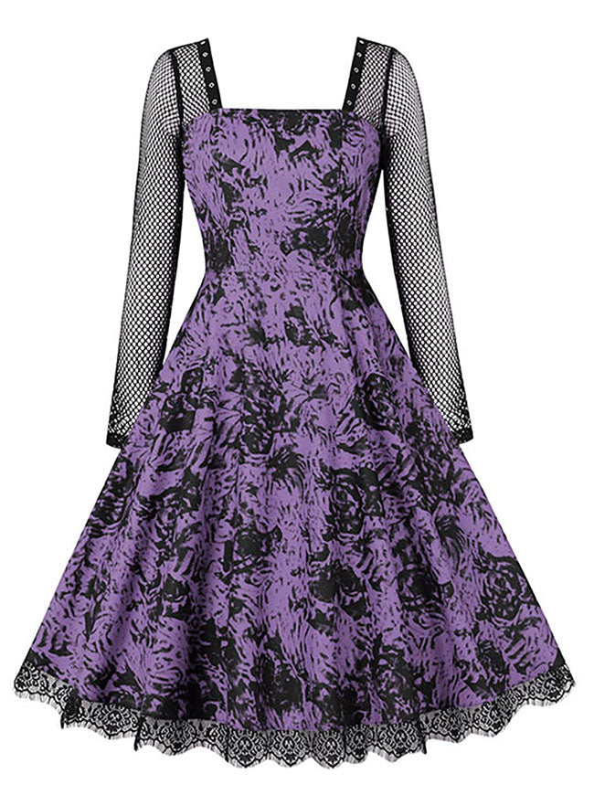 Swing Cocktail Dress Purple Women's Retro Floral High Waist Long Sleeve A-Line Dress