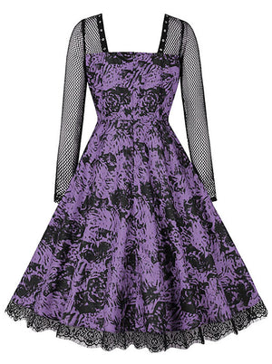 Swing Cocktail Dress Purple Women's Retro Floral High Waist Long Sleeve A-Line Dress