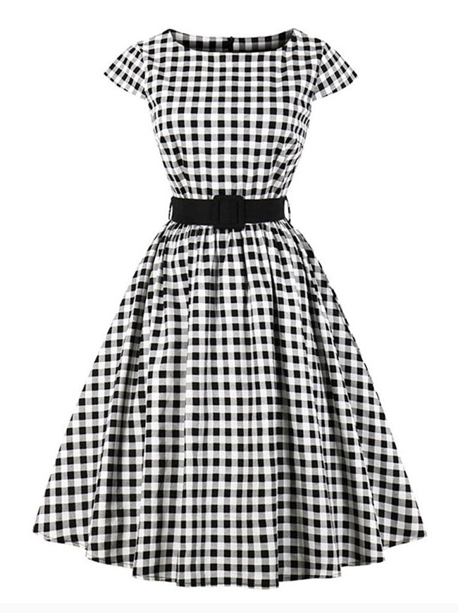 1950's Retro Rockabilly Prom Plaid Print Dress With Blet