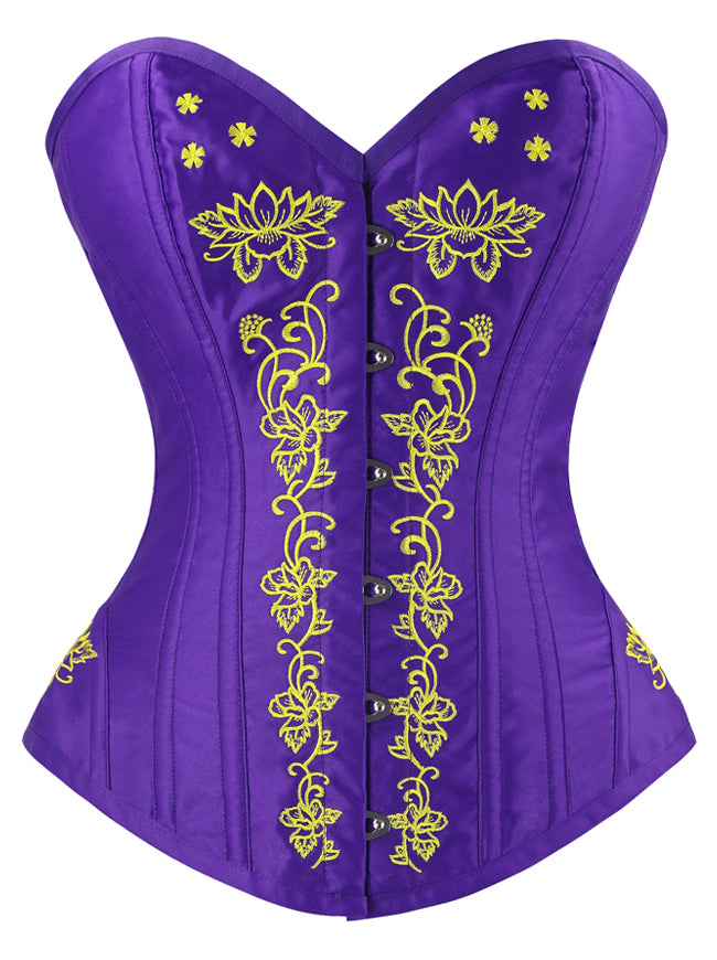 Classical Vintage Steel Boned Overbust Corset with Floral Embroidery for Women