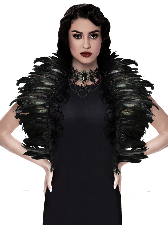 Halloween Shrug Gothic Natural Feather Shawl Cape Crow Costume Accessory with Necklace