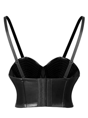 Clubwear Crop Top Women's PU Leather Spaghetti Straps Bustier Bra Black