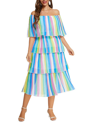 Colorful Chiffon Off-shoulder Short Sleeve High Waist Party Layered Dress