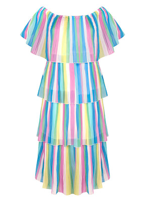 Colorful Chiffon Off-shoulder Short Sleeve High Waist Party Layered Dress