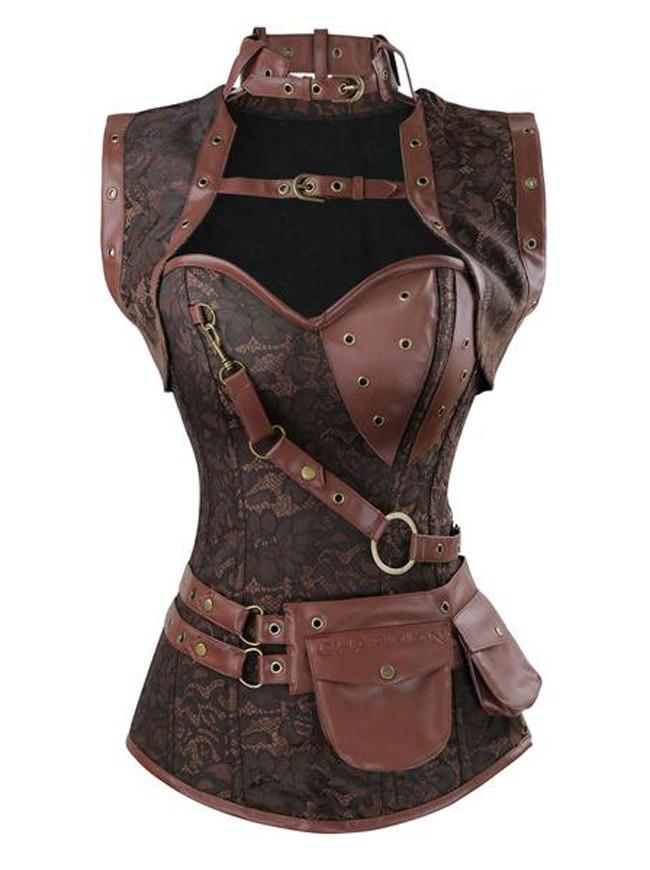 Steampunk Steel Boned Gothic Vintage Brocade Corset with Jacket and Belt