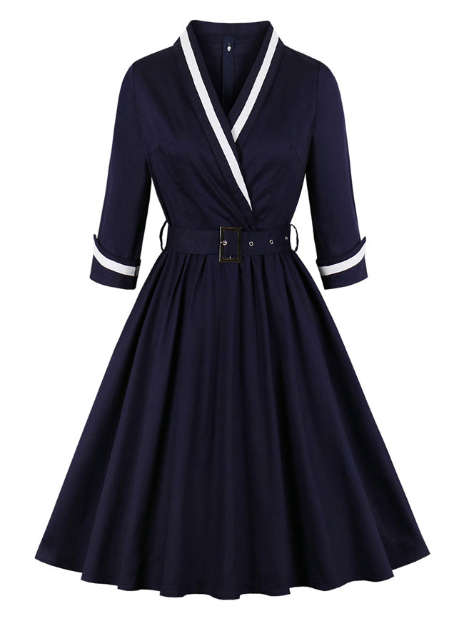 Vintage Dark blue V-Neck Sleeve High Waist Belt Midi A-line Dress