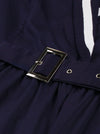 Vintage Dark blue V-Neck Sleeve High Waist Belt Midi A-line Dress