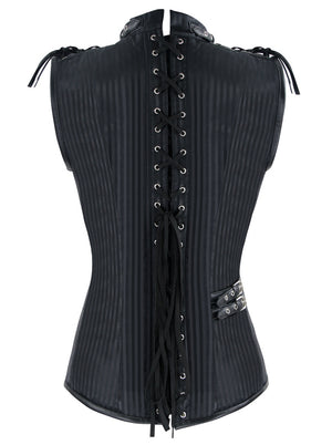 Men's Steampunk Black Spiral Steel Boned Gothic Stripe Waistcoat Vest with Chain