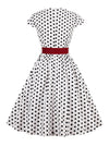 Women's Vintage Cap Sleeve Round Collar Dot Print Dress with Belt